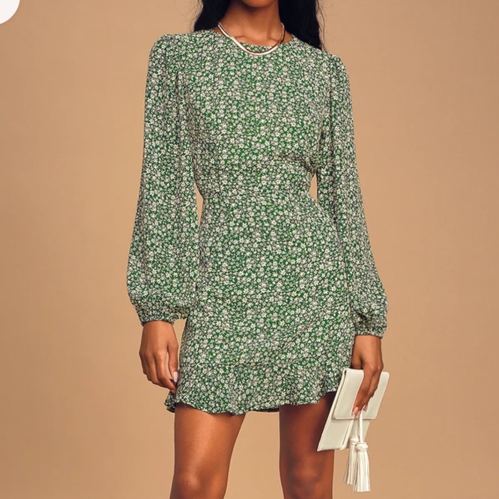Lulus Blooming Darlin' Green Floral Print Ruffled Mini Dress